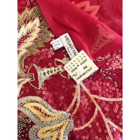 VTG Megan Park England Red Embroidered Silk Beaded Scarf Shawl Barneys NY Luxe - Picture 4 of 11